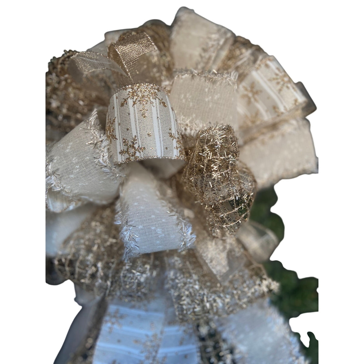 Handmade Christmas Tree Bow Topper Beige White Gold Snowflake Ribbons Farmhouse