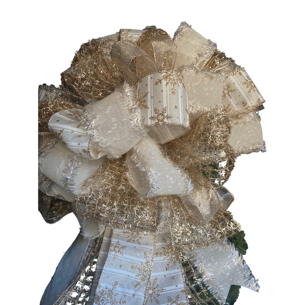 Handmade Christmas Tree Bow Topper Beige White Gold Snowflake Ribbons Farmhouse