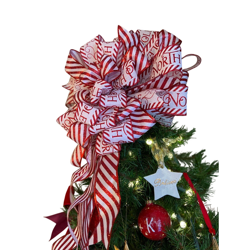 Red & White Candy Cane Christmas Tree Topper Bow, Glitter LX Ribbon Bow Whimsical