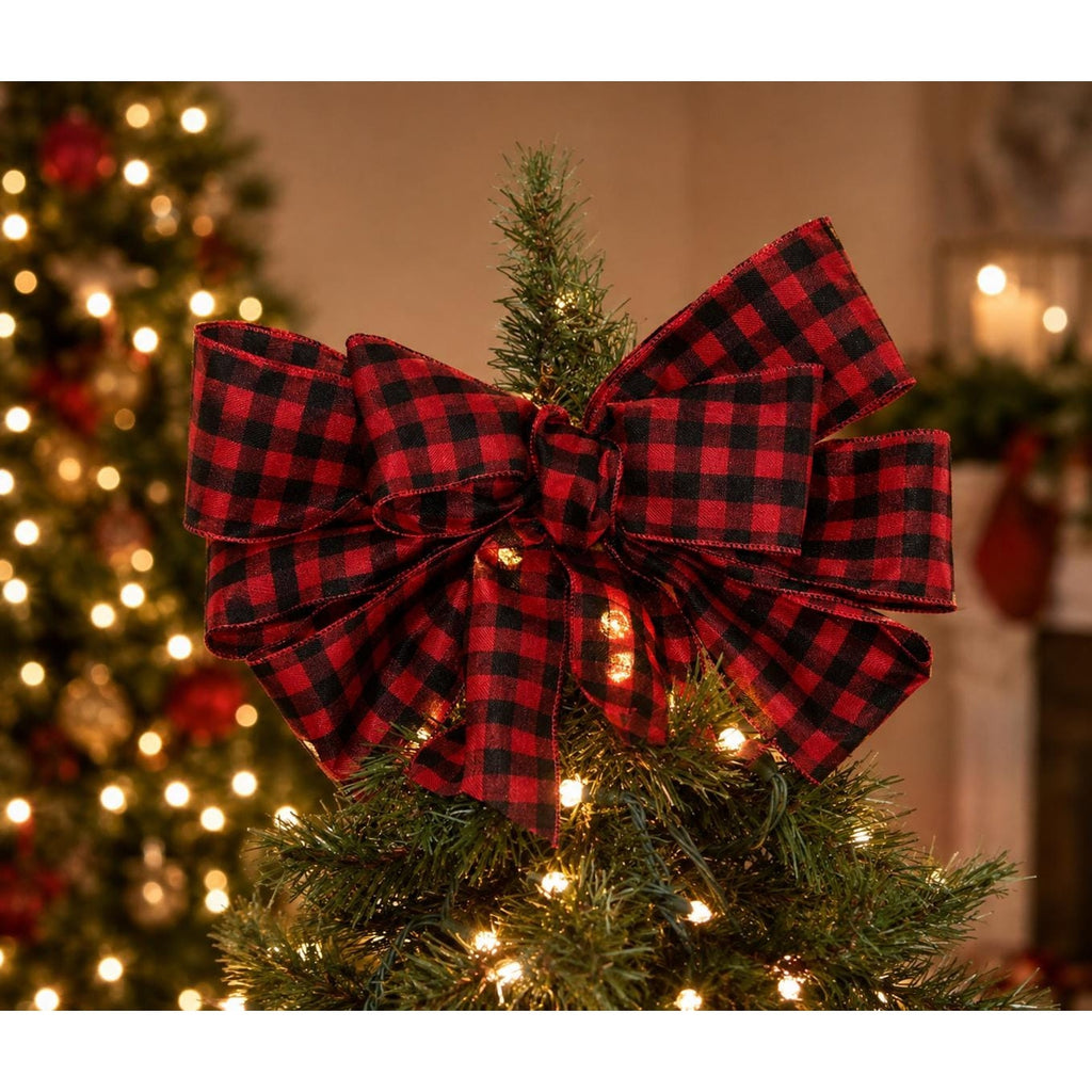 Buffalo Plaid Christmas Tree Topper Bow | Rustic Farmhouse Christmas Decor