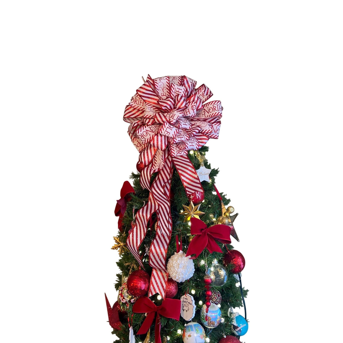 Red & White Candy Cane Christmas Tree Topper Bow, Glitter LX Ribbon Bow Whimsical