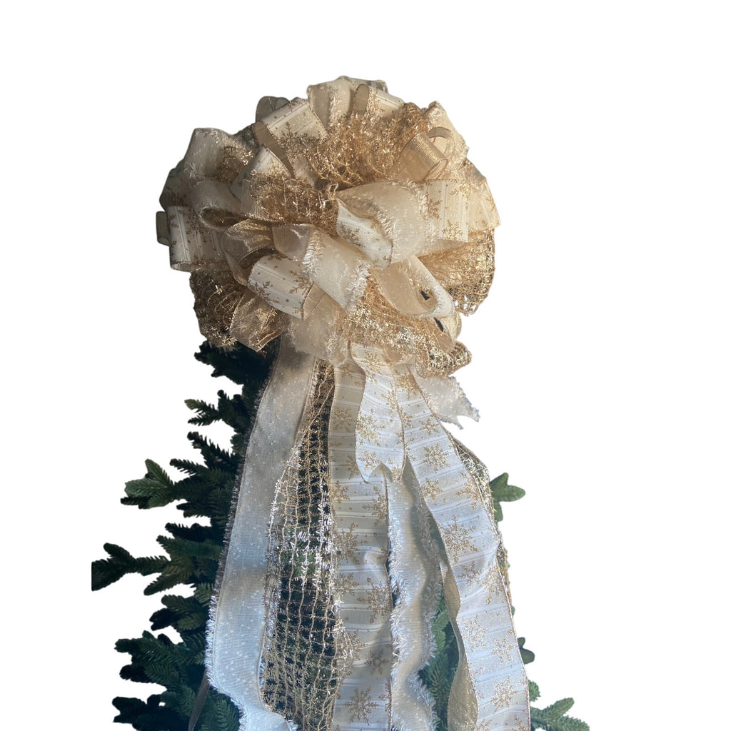 Handmade Christmas Tree Bow Topper Beige White Gold Snowflake Ribbons Farmhouse