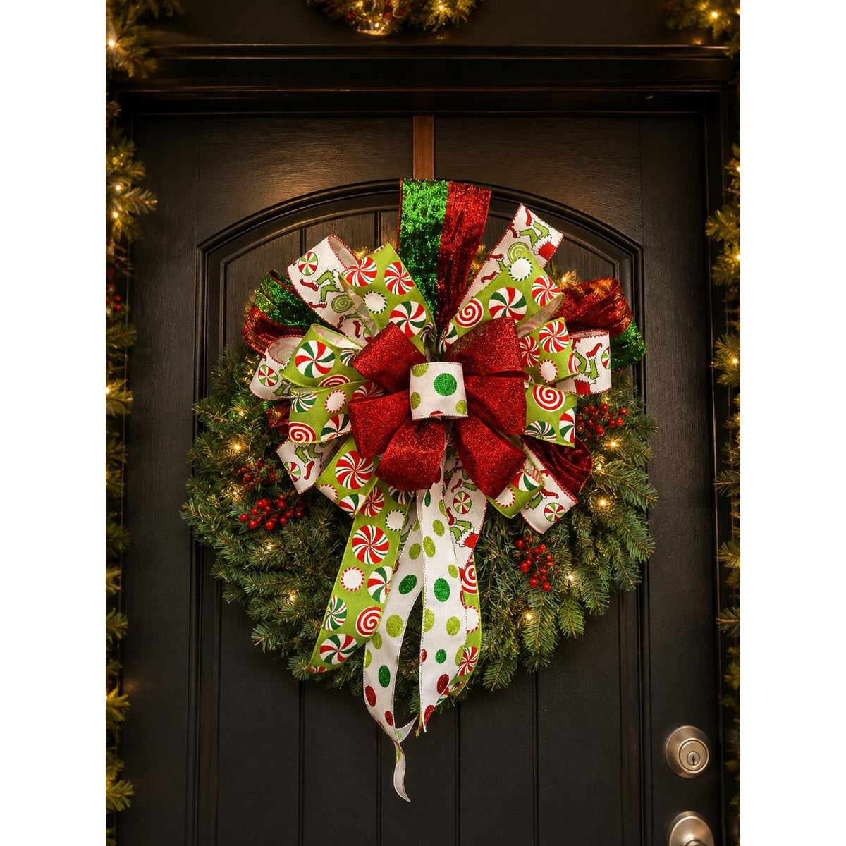 Lantern Wreath Ribbon Bow - Handmade Christmas Bow in Candy Themed