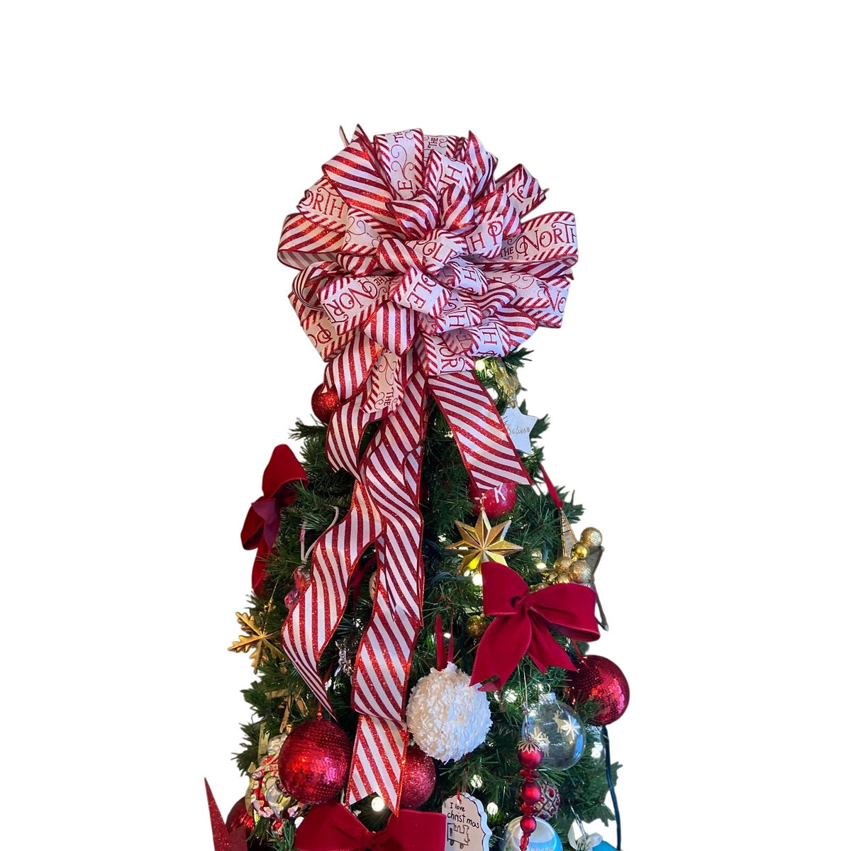 Red & White Candy Cane Christmas Tree Topper Bow, Glitter LX Ribbon Bow Whimsical