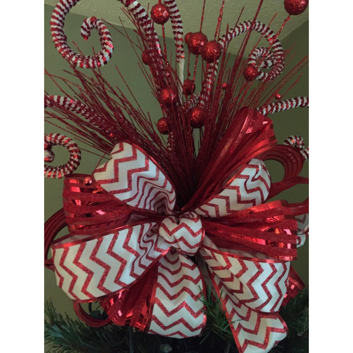 Candy Cane Christmas Tree Topper Bow | Red & White Glitter