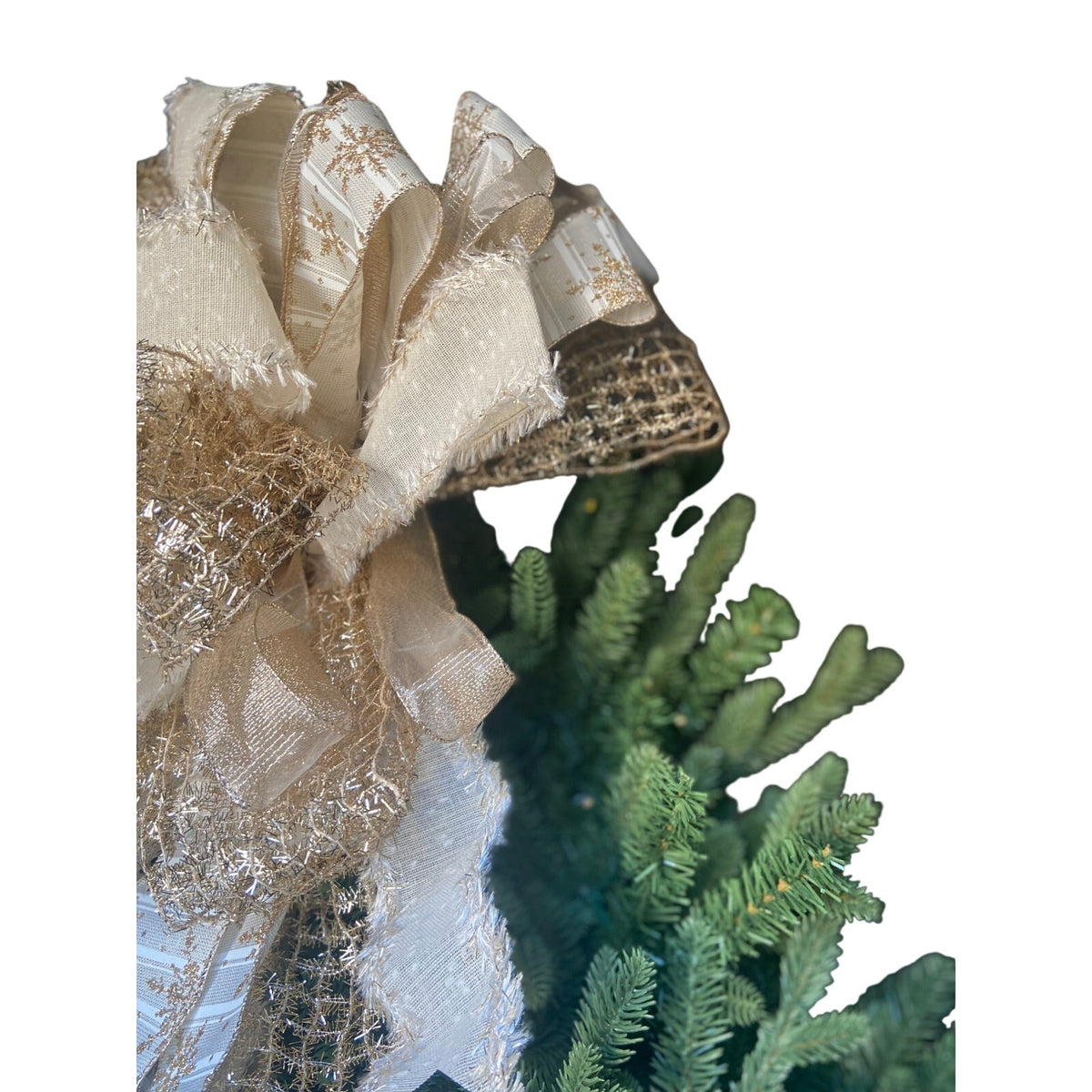 Handmade Christmas Tree Bow Topper Beige White Gold Snowflake Ribbons Farmhouse