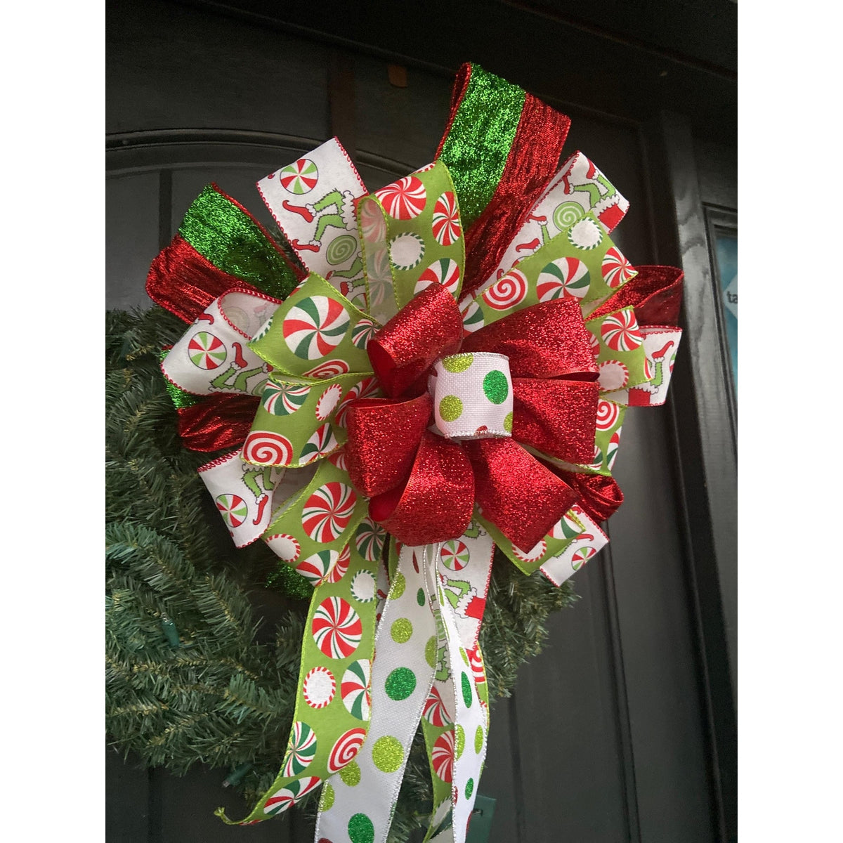 Lantern Wreath Ribbon Bow - Handmade Christmas Bow in Candy Themed