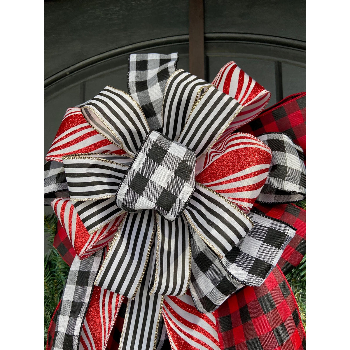 Lantern Wreath Rustic Buffalo Plaid - Handmade Christmas Bow in Red, White, and Black