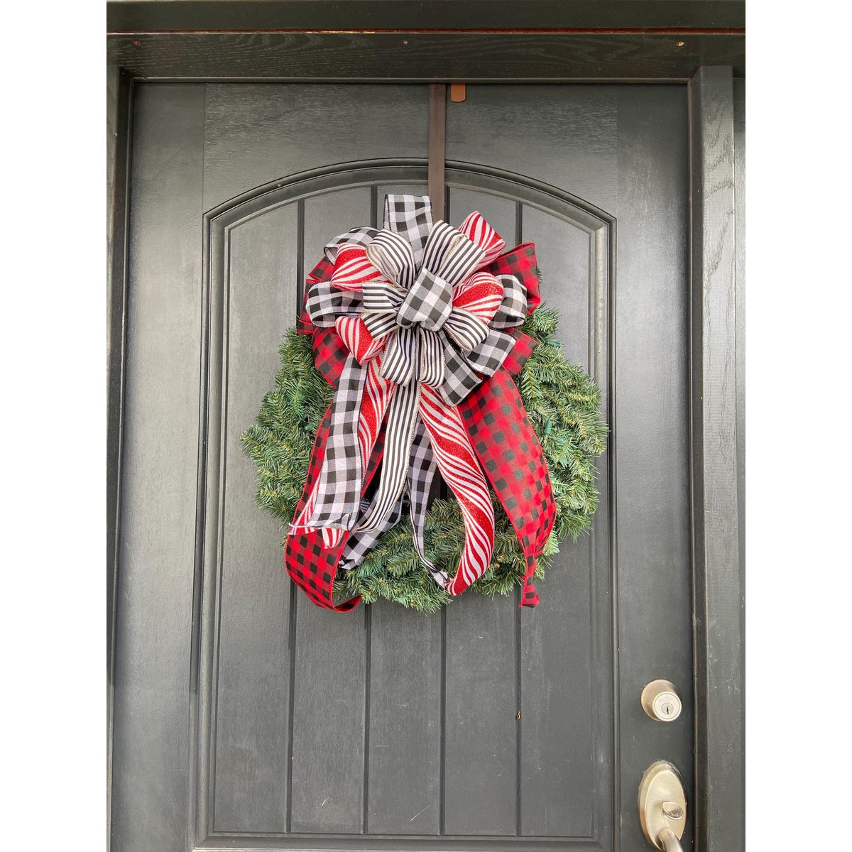 Lantern Wreath Rustic Buffalo Plaid - Handmade Christmas Bow in Red, White, and Black