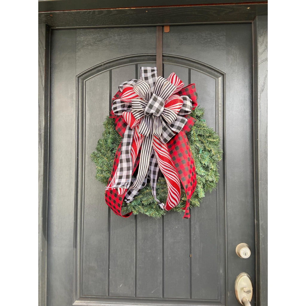 Lantern Wreath Rustic Buffalo Plaid - Handmade Christmas Bow in Red, White, and Black