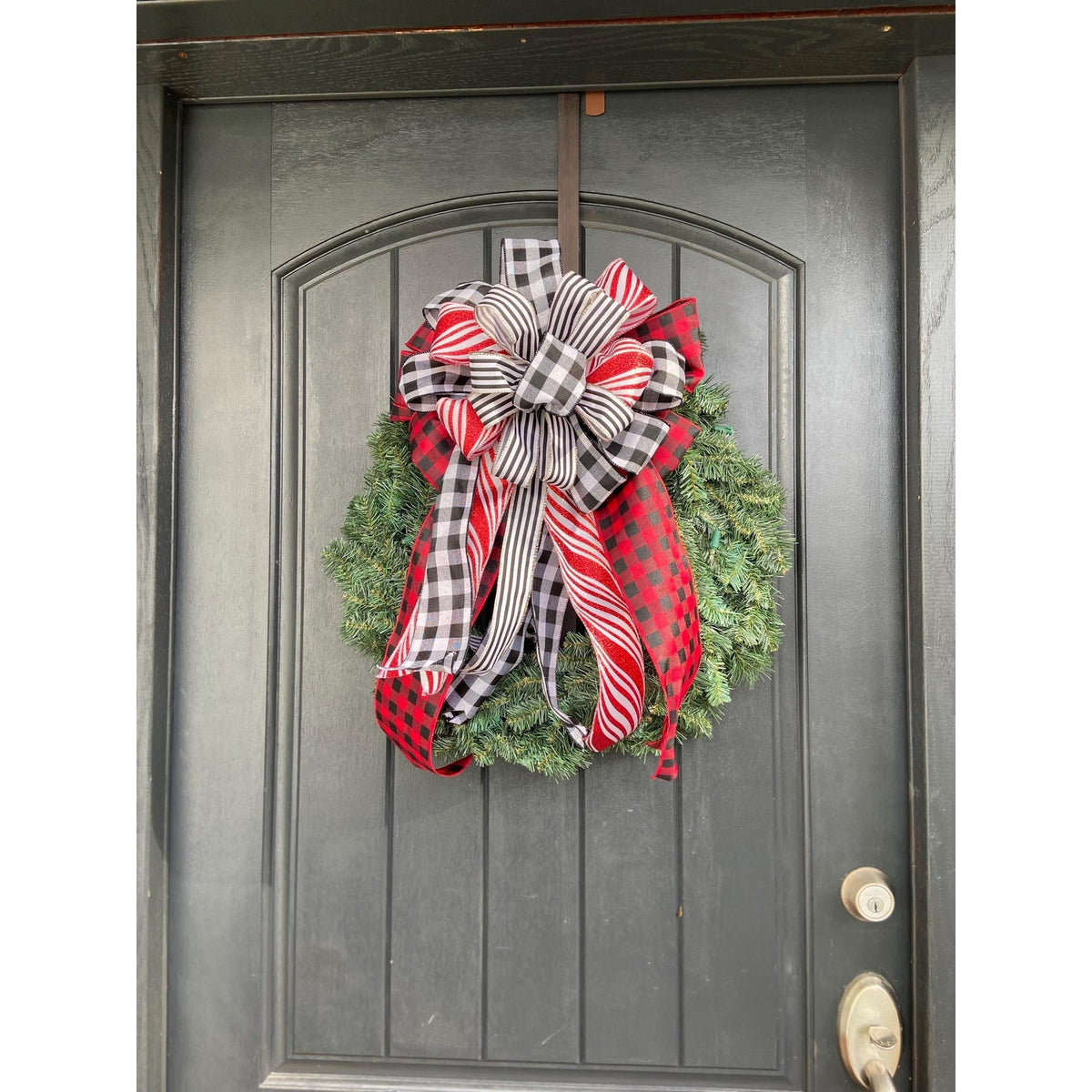 Lantern Wreath Rustic Buffalo Plaid - Handmade Christmas Bow in Red, White, and Black