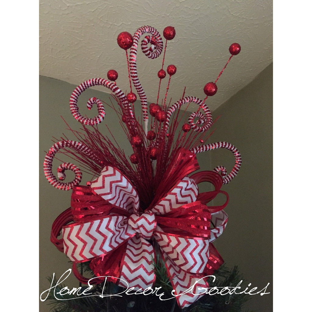 Candy Cane Christmas Tree Topper Bow | Red & White Glitter