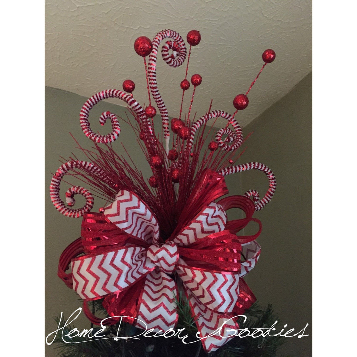 Candy Cane Christmas Tree Topper Bow | Red & White Glitter