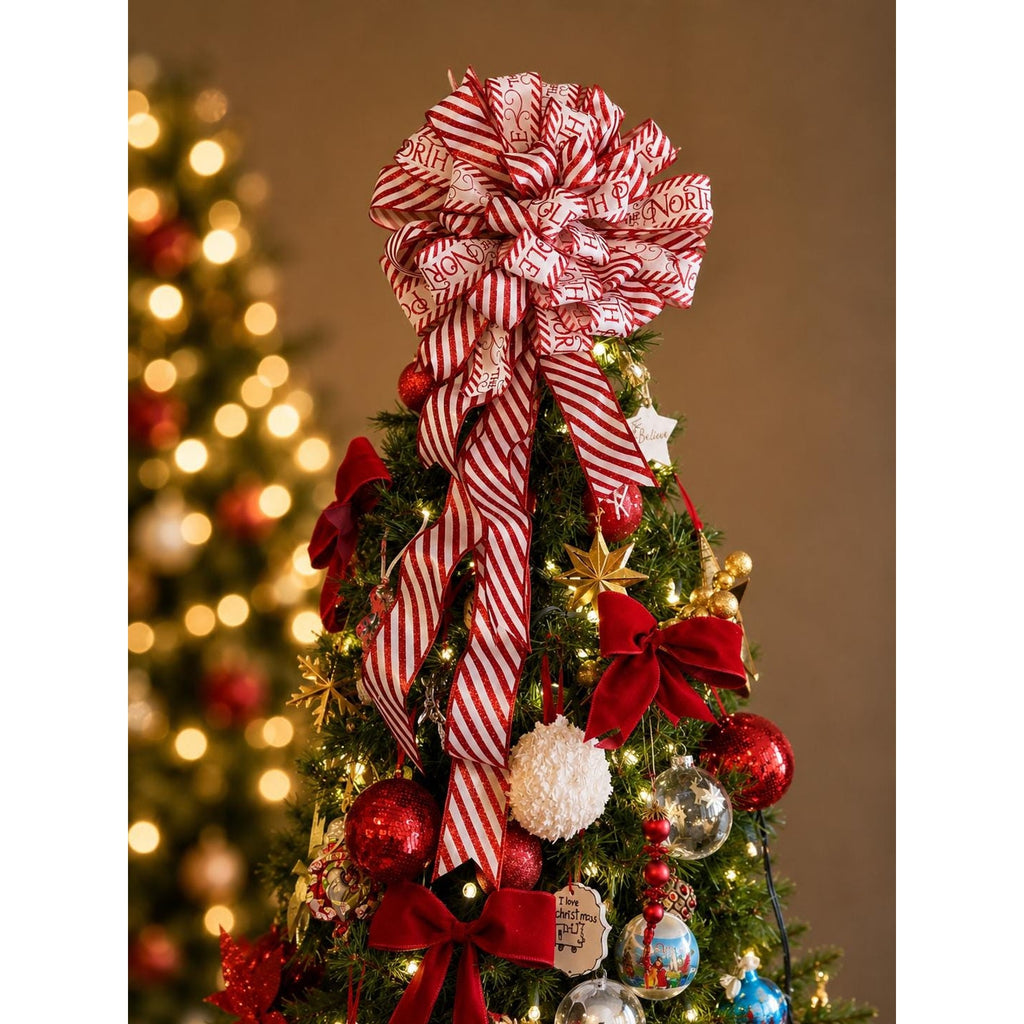 Red & White Candy Cane Christmas Tree Topper Bow, Glitter LX Ribbon Bow Whimsical