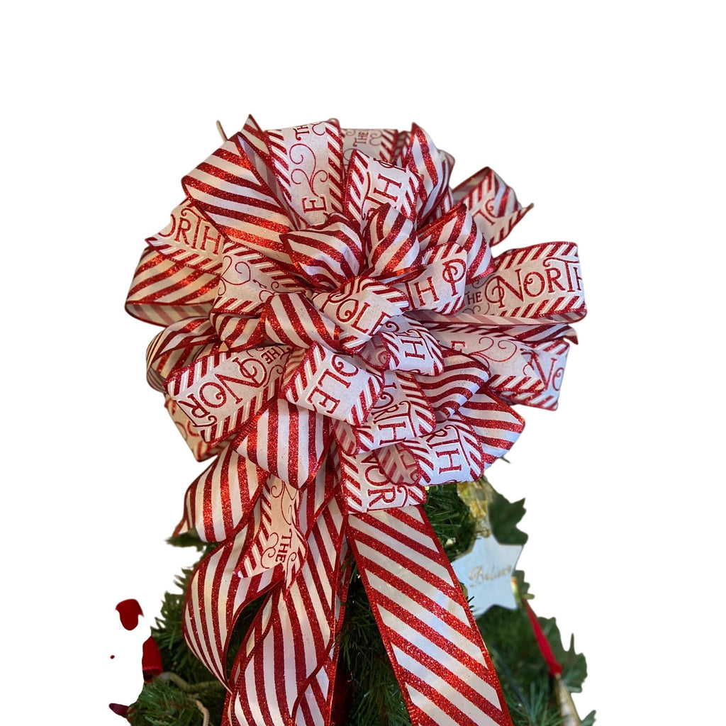 Red & White Candy Cane Christmas Tree Topper Bow, Glitter LX Ribbon Bow Whimsical