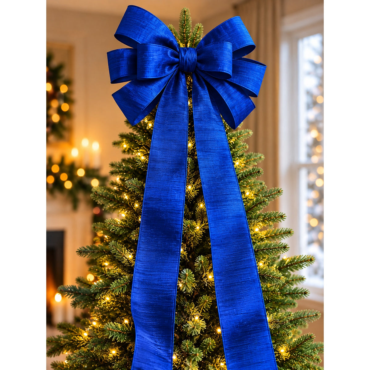 Royal Blue Silk Christmas Tree Topper Bow, Holiday Decor, Blue Tree Topper