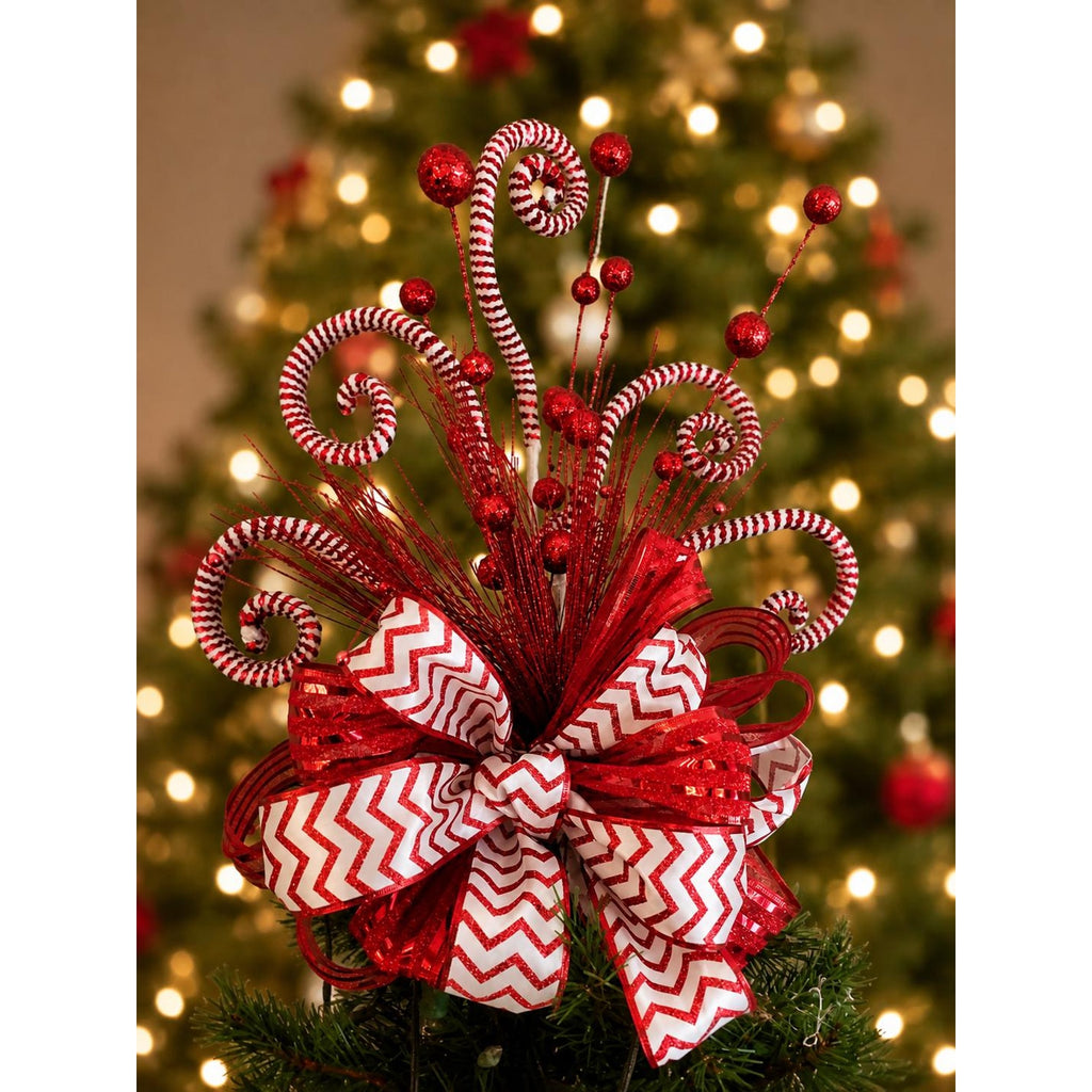 Candy Cane Christmas Tree Topper Bow | Red & White Glitter