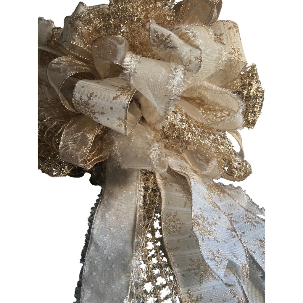 Handmade Christmas Tree Bow Topper Beige White Gold Snowflake Ribbons Farmhouse