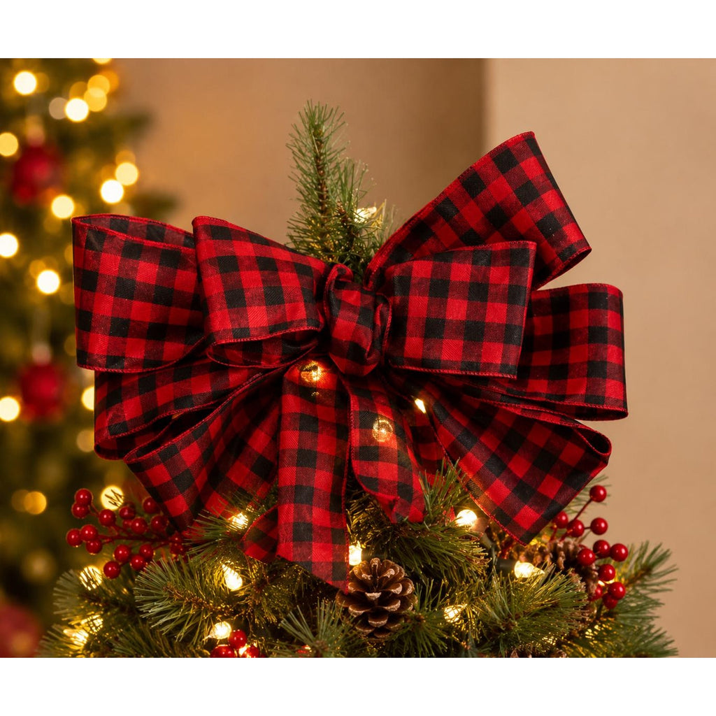 Buffalo Plaid Christmas Tree Topper Bow | Rustic Farmhouse Christmas Decor