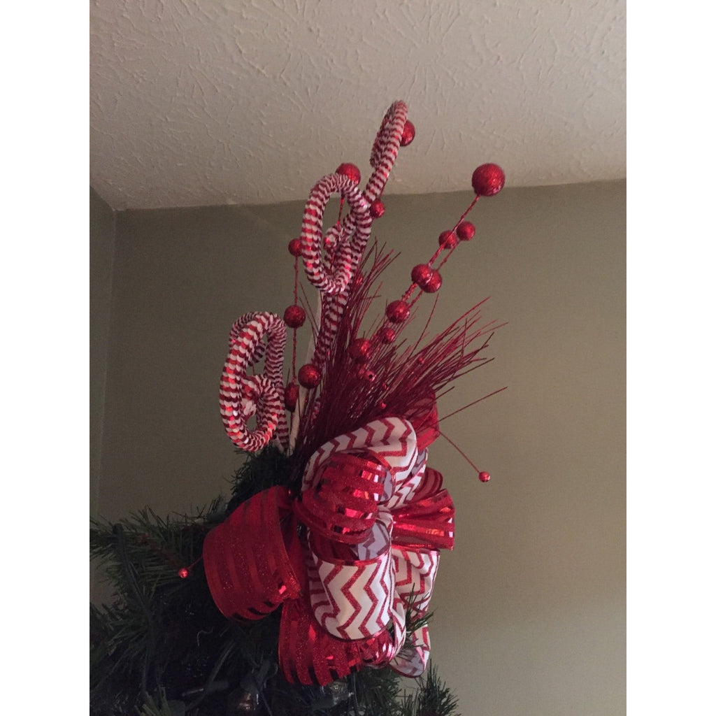 Candy Cane Christmas Tree Topper Bow | Red & White Glitter