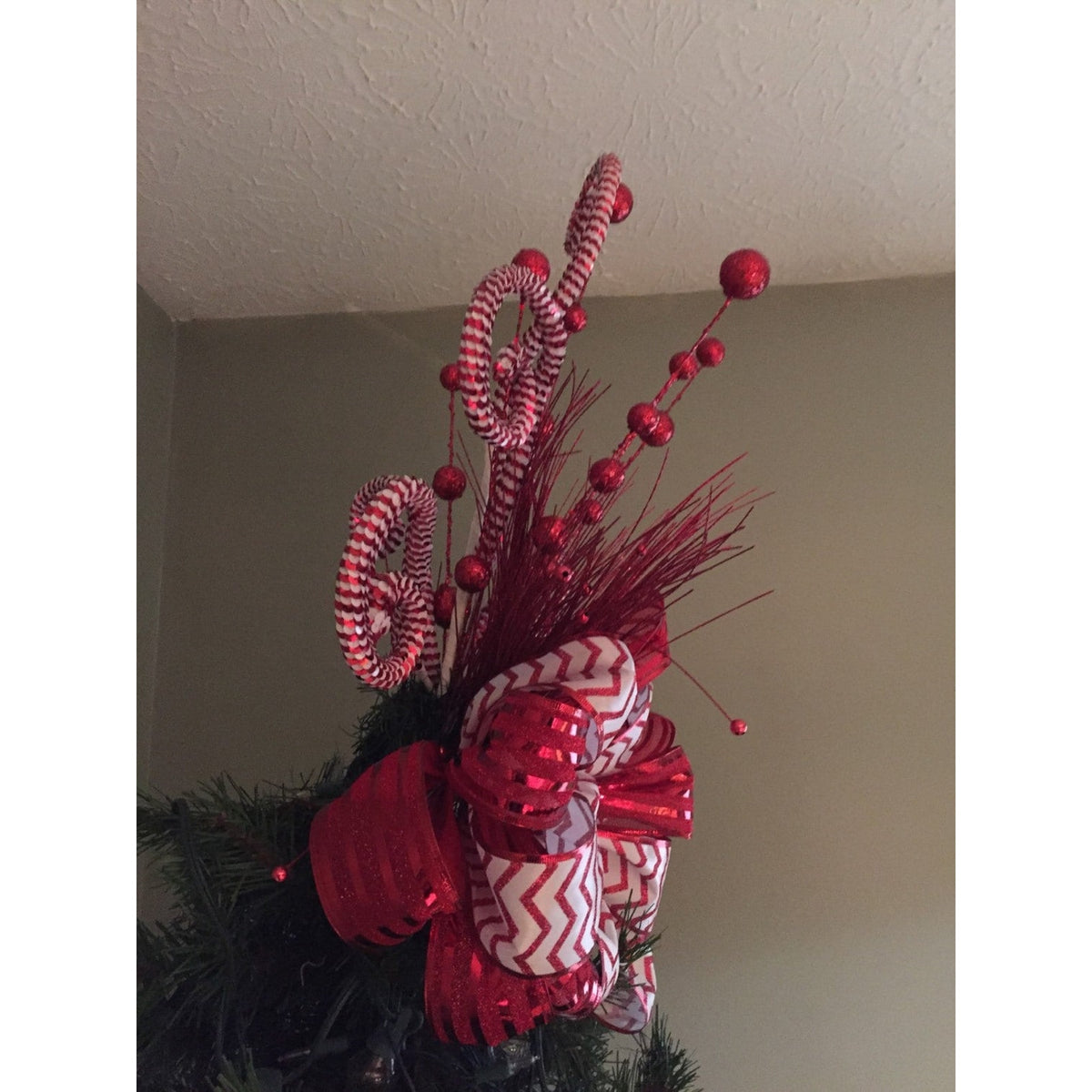 Candy Cane Christmas Tree Topper Bow | Red & White Glitter