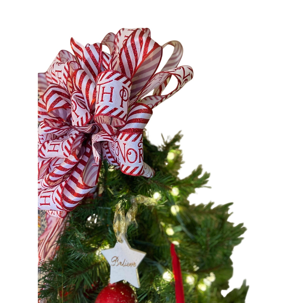 Red & White Candy Cane Christmas Tree Topper Bow, Glitter LX Ribbon Bow Whimsical