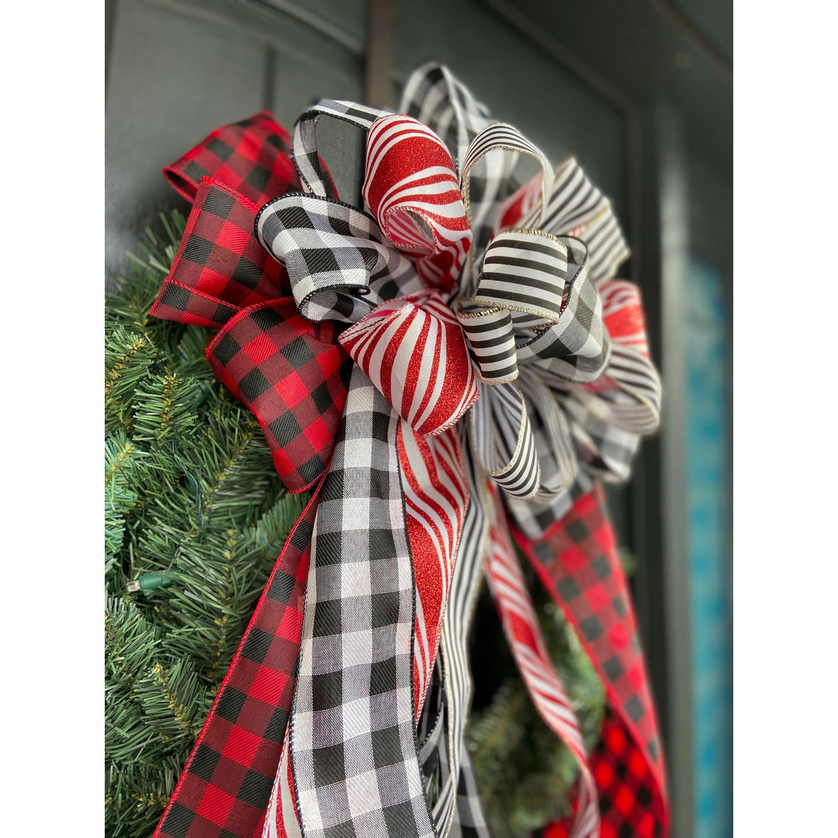 Lantern Wreath Rustic Buffalo Plaid - Handmade Christmas Bow in Red, White, and Black