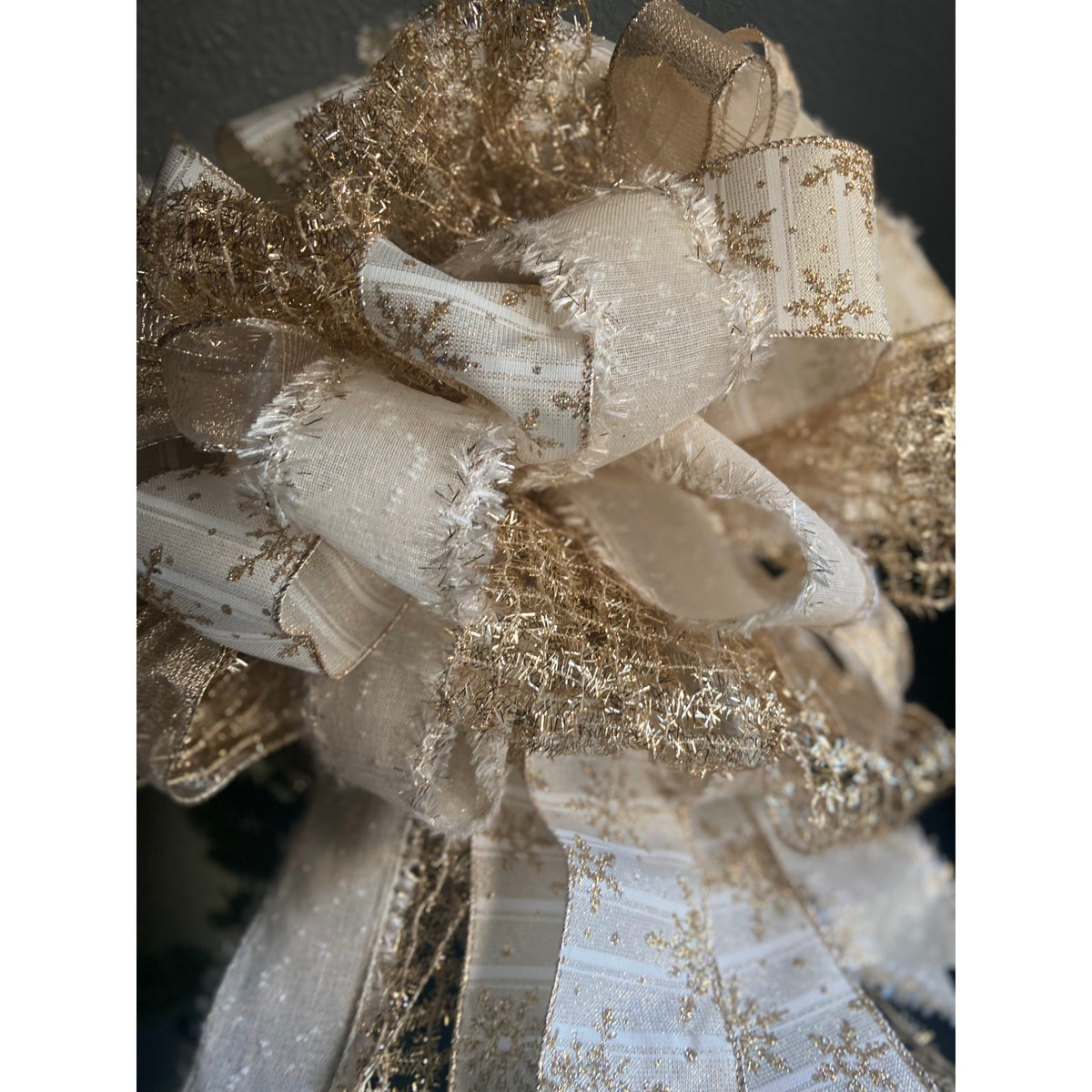 Handmade Christmas Tree Bow Topper Beige White Gold Snowflake Ribbons Farmhouse