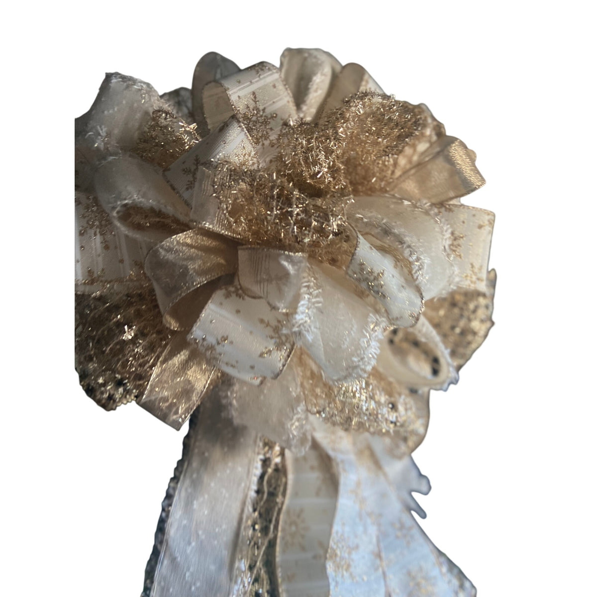 Handmade Christmas Tree Bow Topper Beige White Gold Snowflake Ribbons Farmhouse