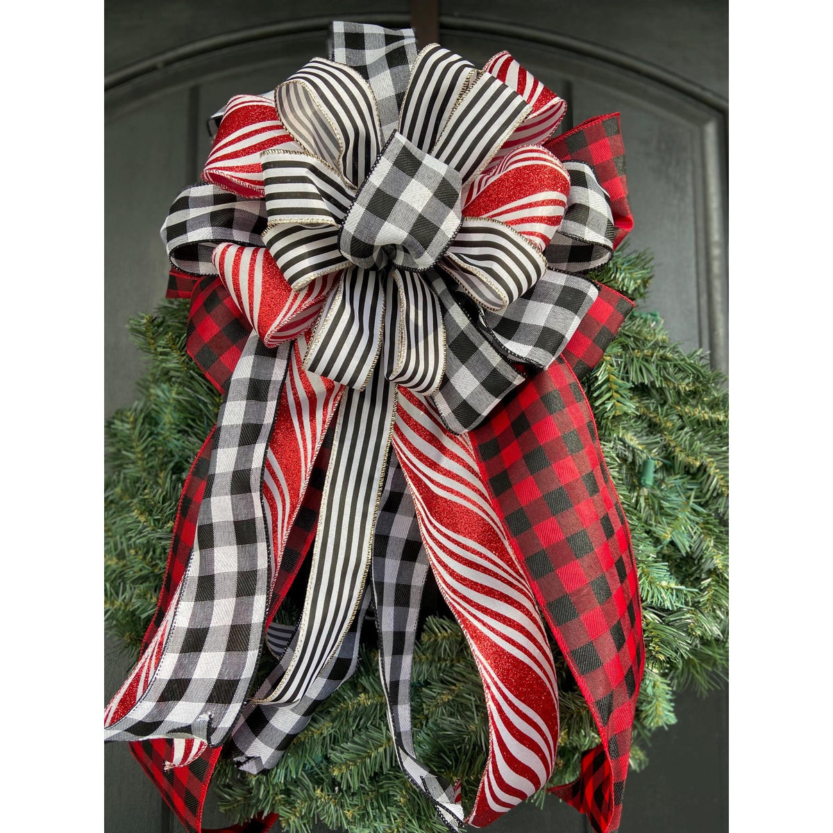 Lantern Wreath Rustic Buffalo Plaid - Handmade Christmas Bow in Red, White, and Black