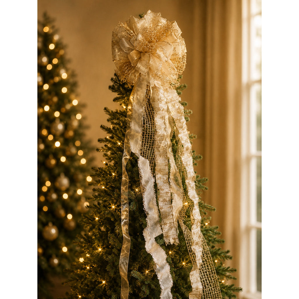 Handmade Christmas Tree Bow Topper Beige White Gold Snowflake Ribbons Farmhouse
