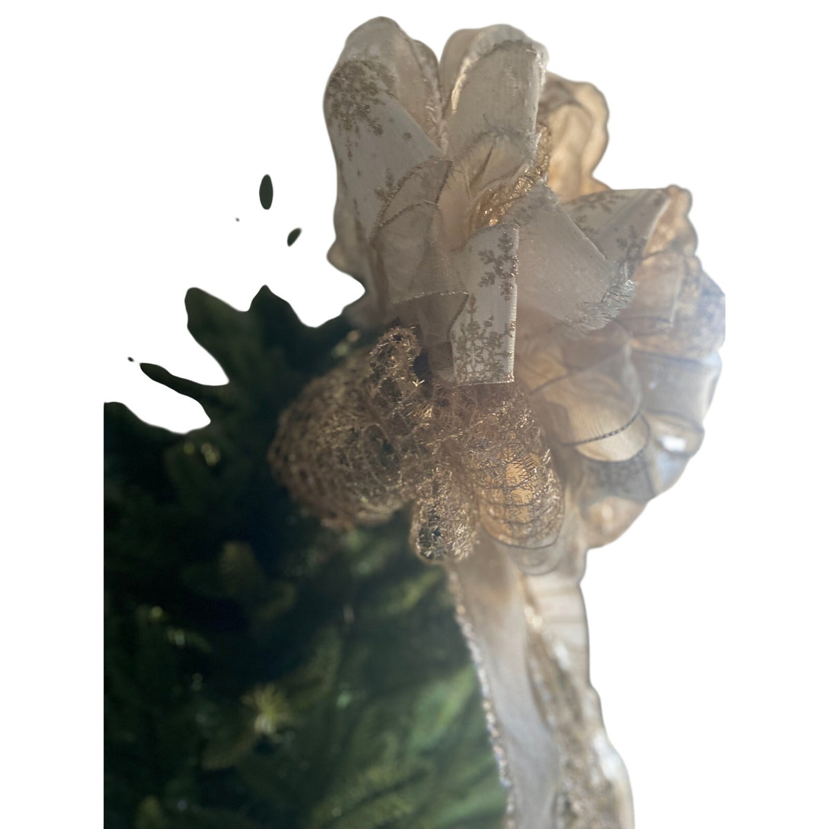 Handmade Christmas Tree Bow Topper Beige White Gold Snowflake Ribbons Farmhouse
