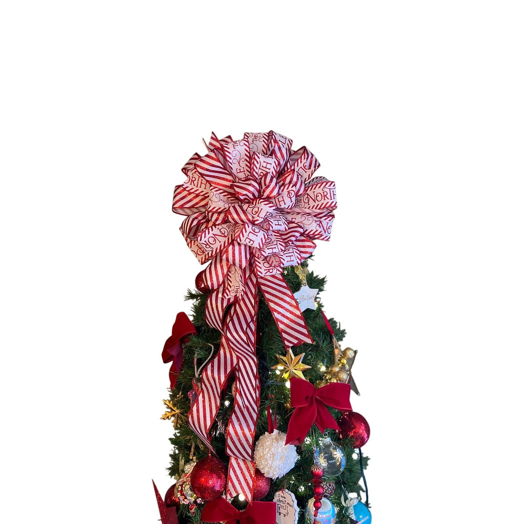 Red & White Candy Cane Christmas Tree Topper Bow, Glitter LX Ribbon Bow Whimsical
